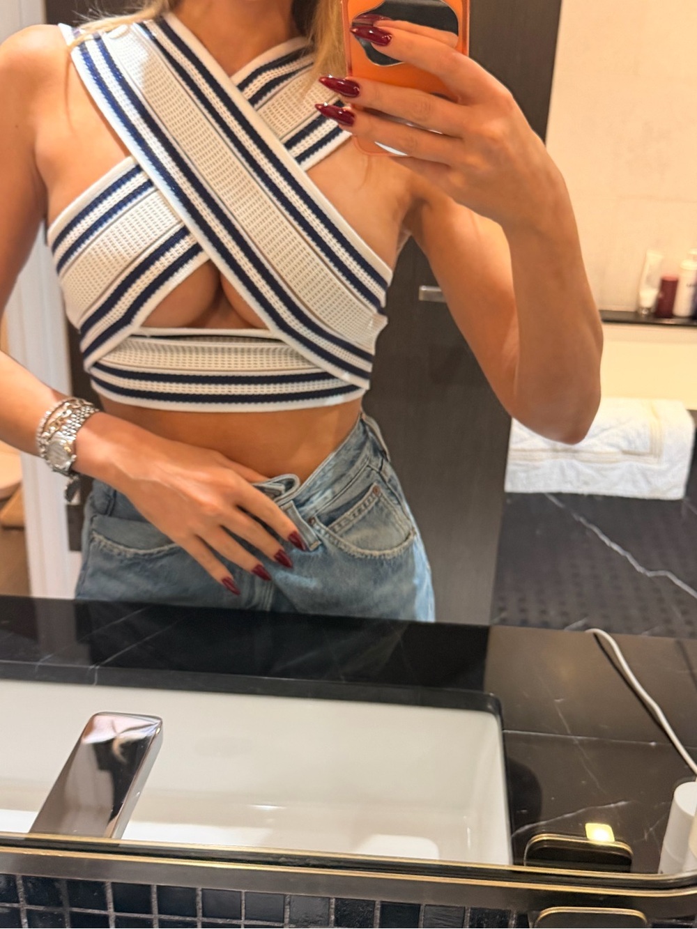 BALMAIN Striped Cross-Front Knit Crop Top - White & Navy GOLD ZIP Sz 34 36 - Picture 3 of 14
